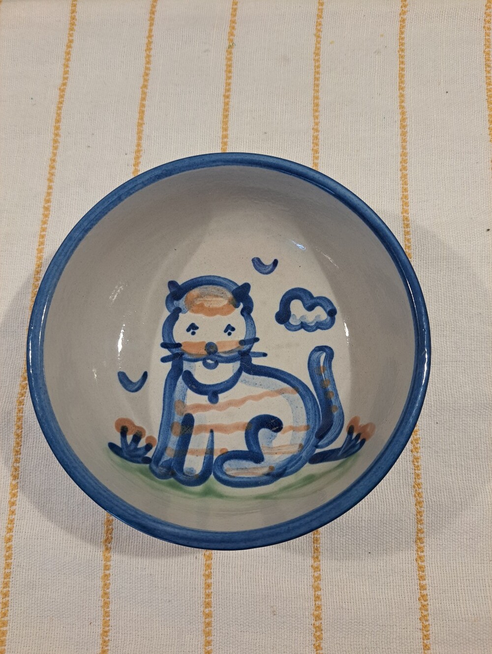 M A Hadley Cereal Bowl Country Scene Blue Kitty Cat Hand Painted 5.5”